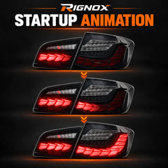 2011-2016 BMW 5 Series F10 / M5 F10 Sequential LED Tail Lights Assembly — 4-Piece Set — Red LED startup animation stages — T-5F10-SR