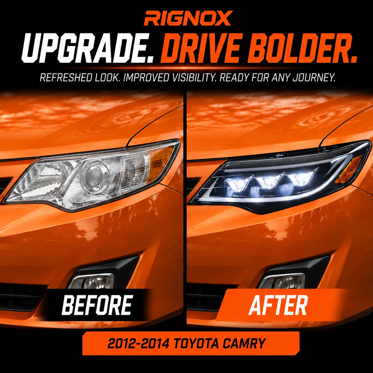2012-2014 Toyota Camry LED Triple Projector Headlights Assembly — before after comparison — H-CAM12-BM-A
