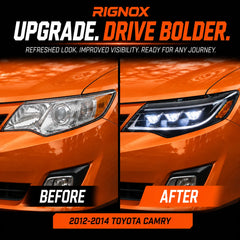2012-2014 Toyota Camry LED Triple Projector Headlights Assembly — before after comparison — H-CAM12-BM-A