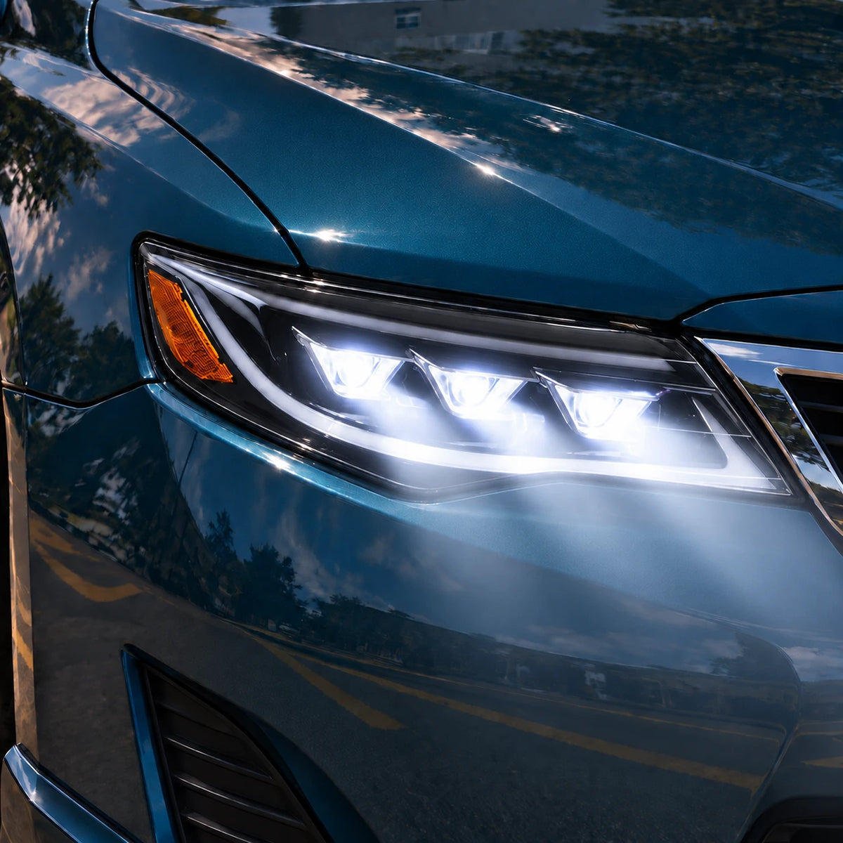 2012-2014 Toyota Camry LED Triple Projector Headlights Assembly — light on close-up — H-CAM12-BM-A