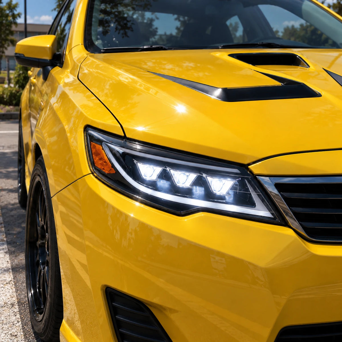 2012-2014 Toyota Camry LED Triple Projector Headlights Assembly — lights on close-up 3 — H-CAM12-BM-A