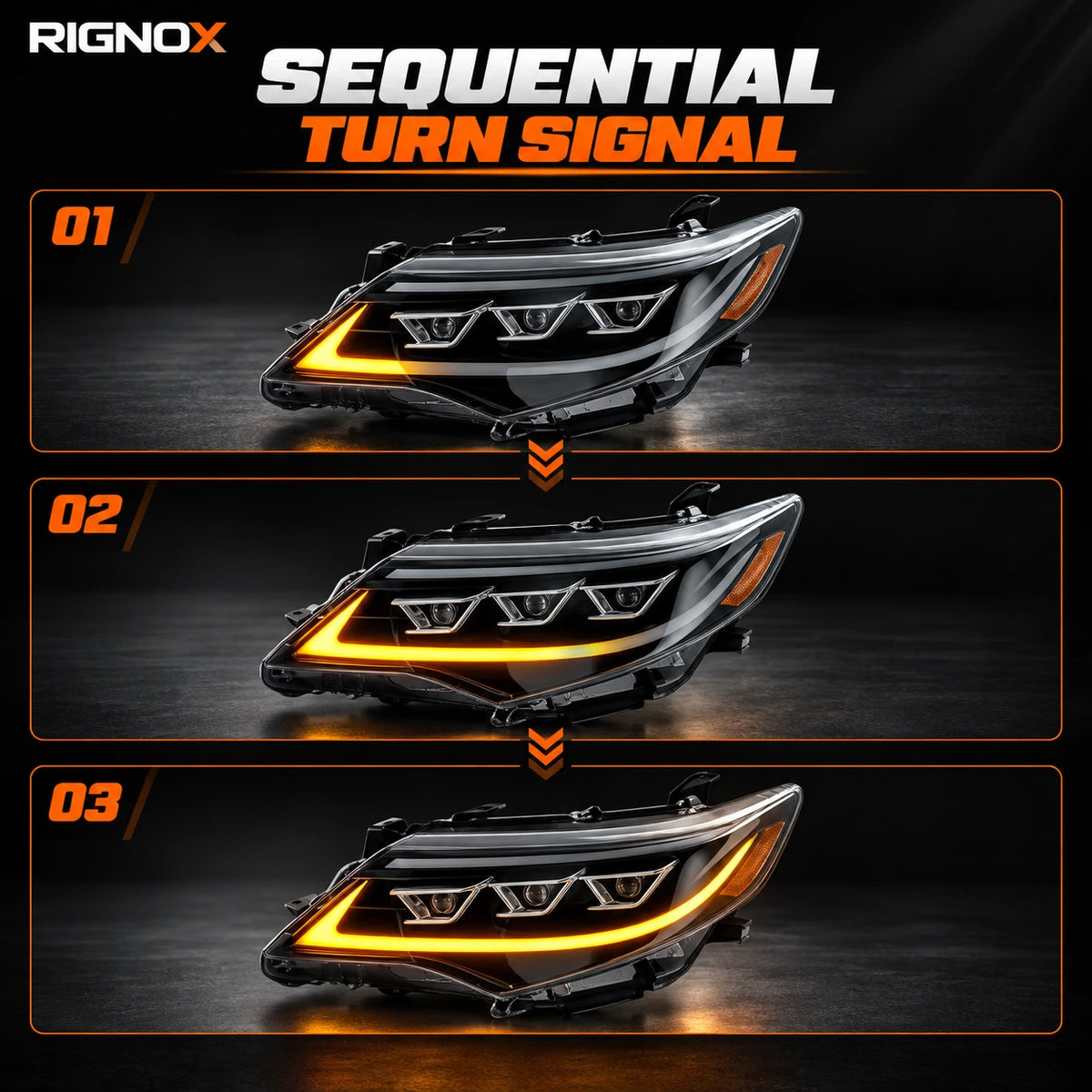 2012-2014 Toyota Camry LED Triple Projector Headlights Assembly — sequential turn signal stages — H-CAM12-BM-A