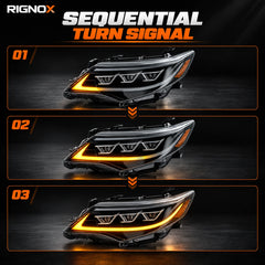 2012-2014 Toyota Camry LED Triple Projector Headlights Assembly — sequential turn signal stages — H-CAM12-BM-A