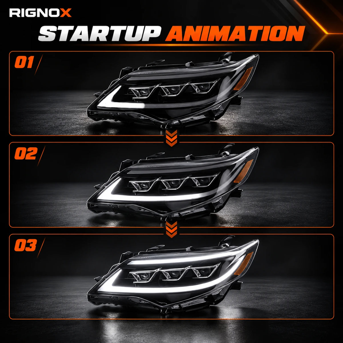 2012-2014 Toyota Camry LED Triple Projector Headlights Assembly — startup animation — H-CAM12-BM-A