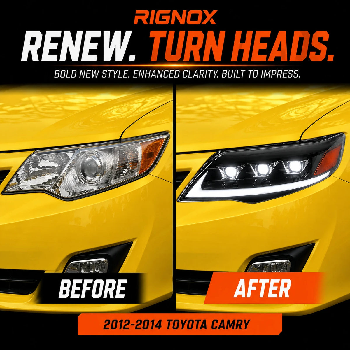 2012-2014 Toyota Camry LED Triple Projector Headlights Assembly — before after upgrade — H-CAM12-A