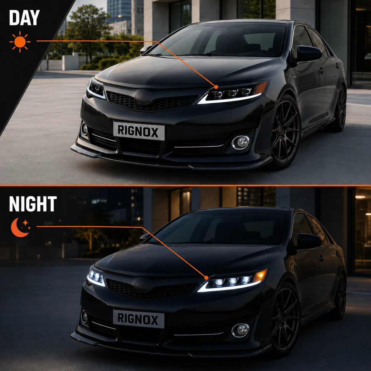 2012-2014 Toyota Camry LED Triple Projector Headlights Assembly — day and night comparison — H-CAM12-A
