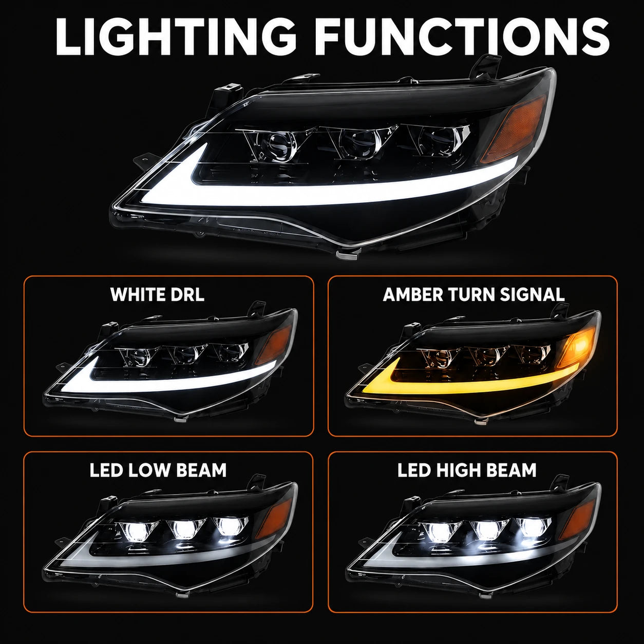 2012-2014 Toyota Camry LED Triple Projector Headlights Assembly — lighting functions — H-CAM12-A