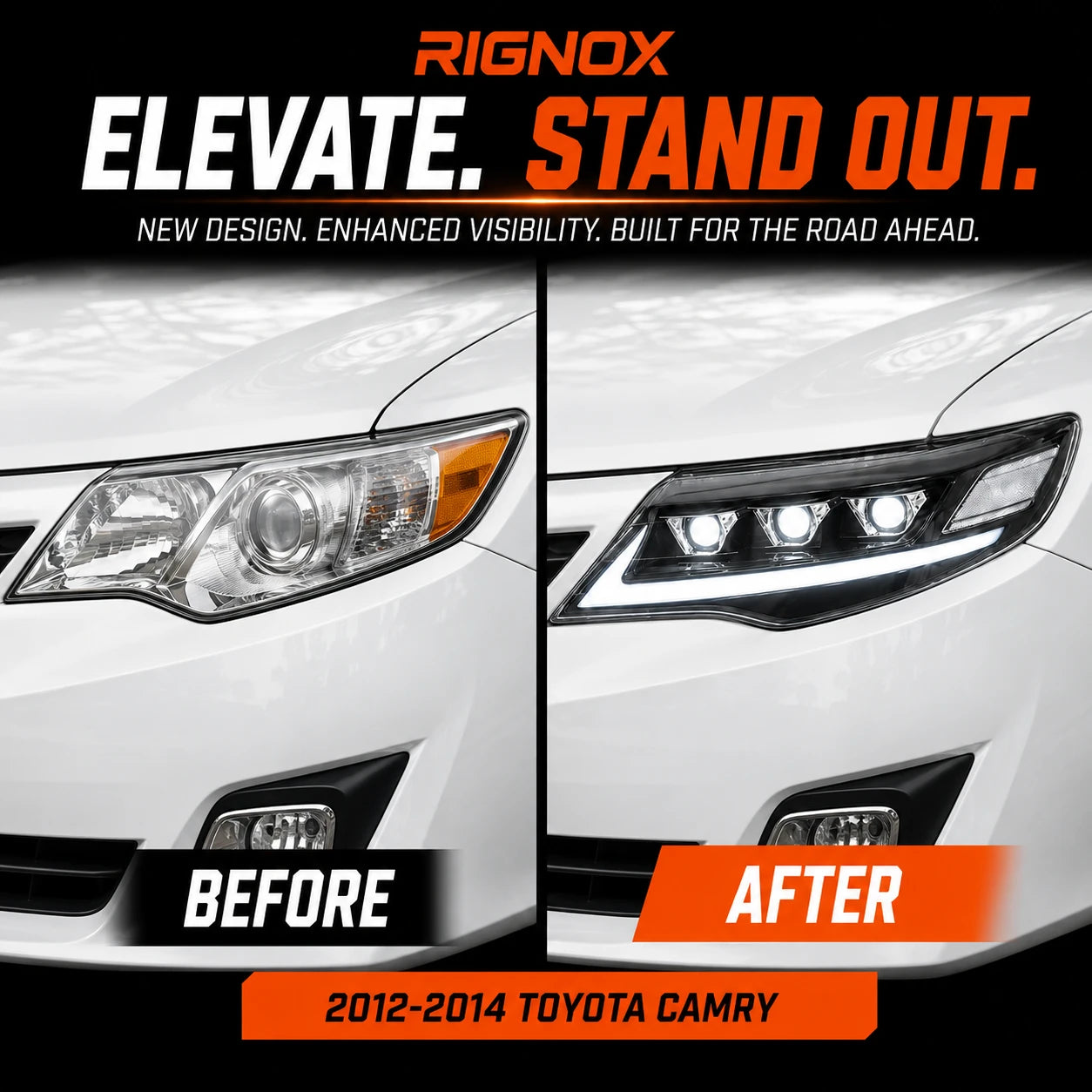 2012-2014 Toyota Camry LED Triple Projector Headlights Assembly — before after comparison — H-CAM12-CW