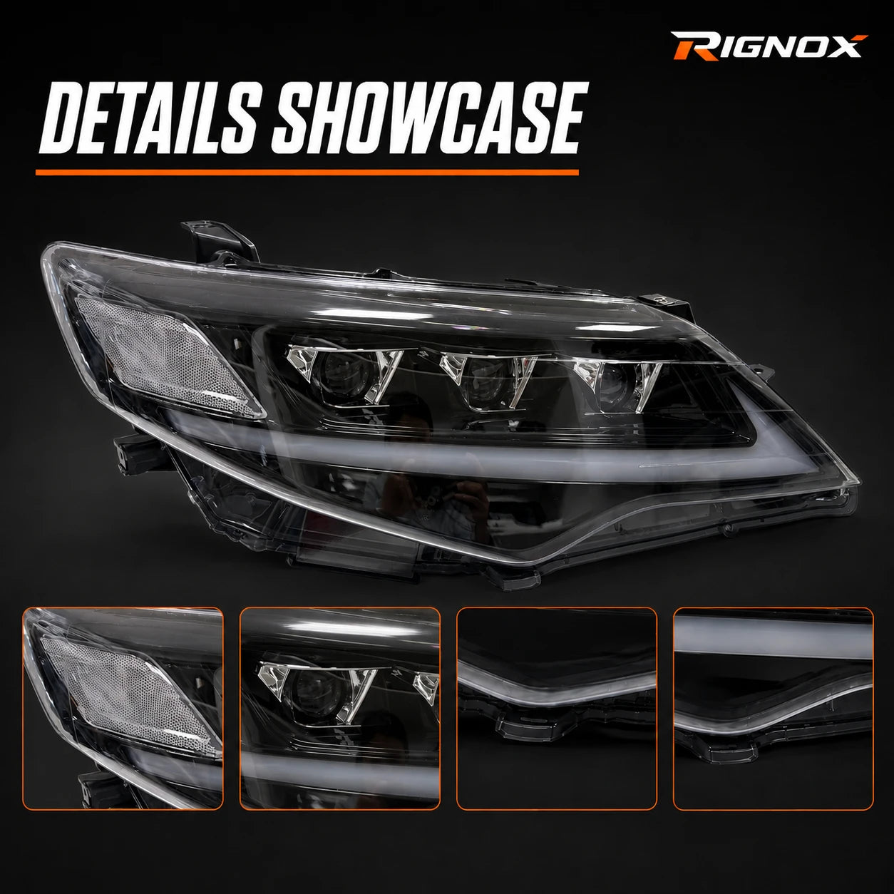 2012-2014 Toyota Camry LED Triple Projector Headlights Assembly — detail showcase — H-CAM12-CW