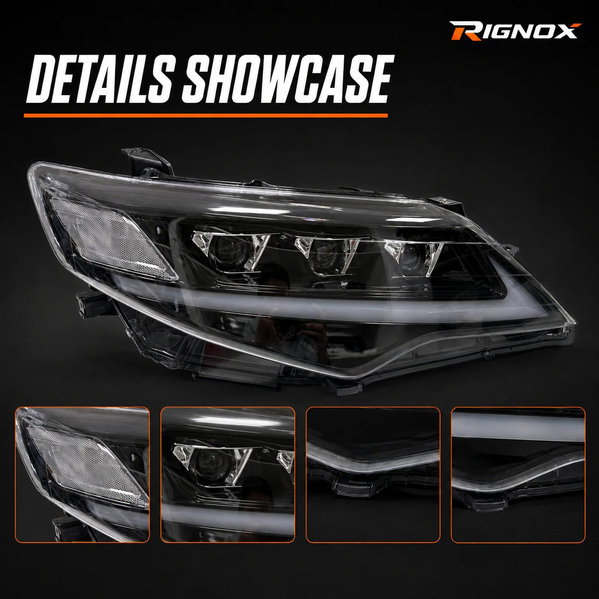 2012-2014 Toyota Camry LED Triple Projector Headlights Assembly — detail showcase — H-CAM12-CW
