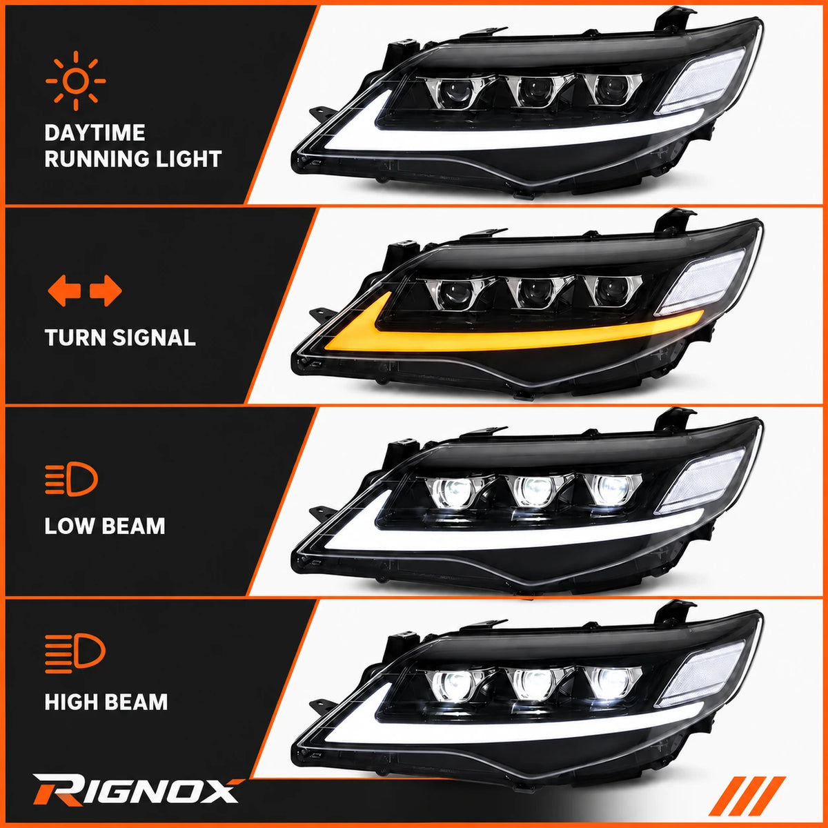 2012-2014 Toyota Camry LED Triple Projector Headlights Assembly — light functions — H-CAM12-CW
