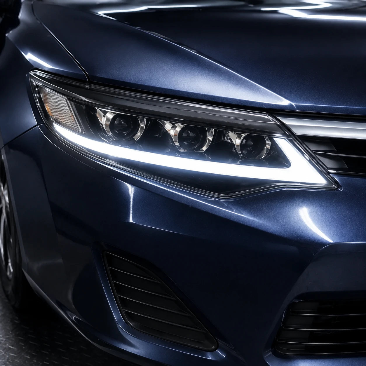 2012-2014 Toyota Camry LED Triple Projector Headlights Assembly — white drl on close-up — H-CAM12-CW