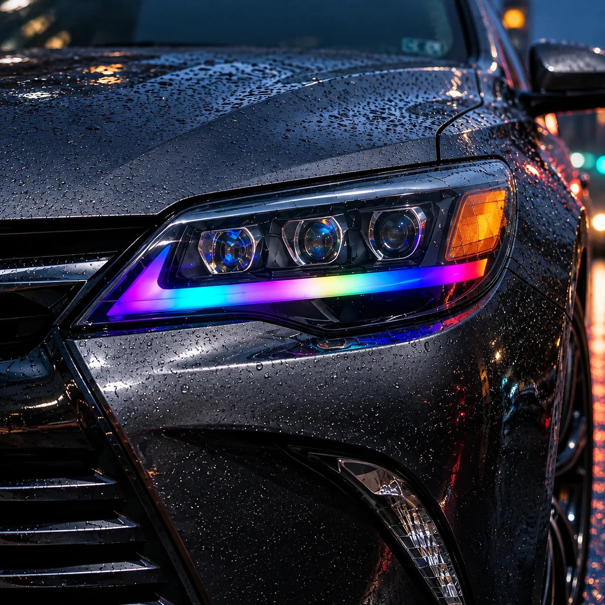 2012-2014 Toyota Camry LED Triple Projector Headlights Assembly — after rain details — H-CAM12-RGB