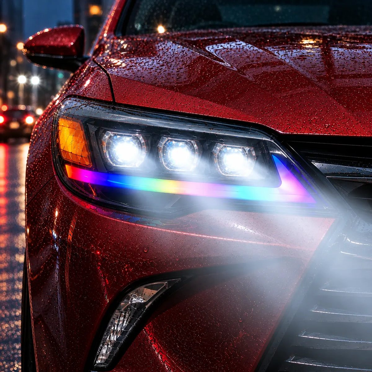 2012-2014 Toyota Camry LED Triple Projector Headlights Assembly — all lights-on close-up — H-CAM12-RGB