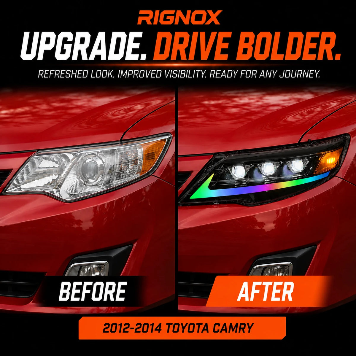 2012-2014 Toyota Camry LED Triple Projector Headlights Assembly — before after comparison — H-CAM12-RGB