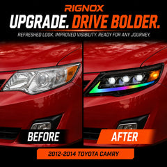 2012-2014 Toyota Camry LED Triple Projector Headlights Assembly — before after comparison — H-CAM12-RGB