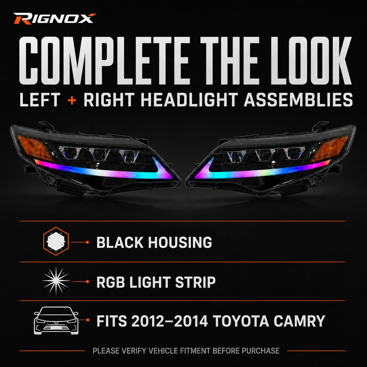 2012-2014 Toyota Camry LED Triple Projector Headlights Assembly — complete the look — H-CAM12-RGB