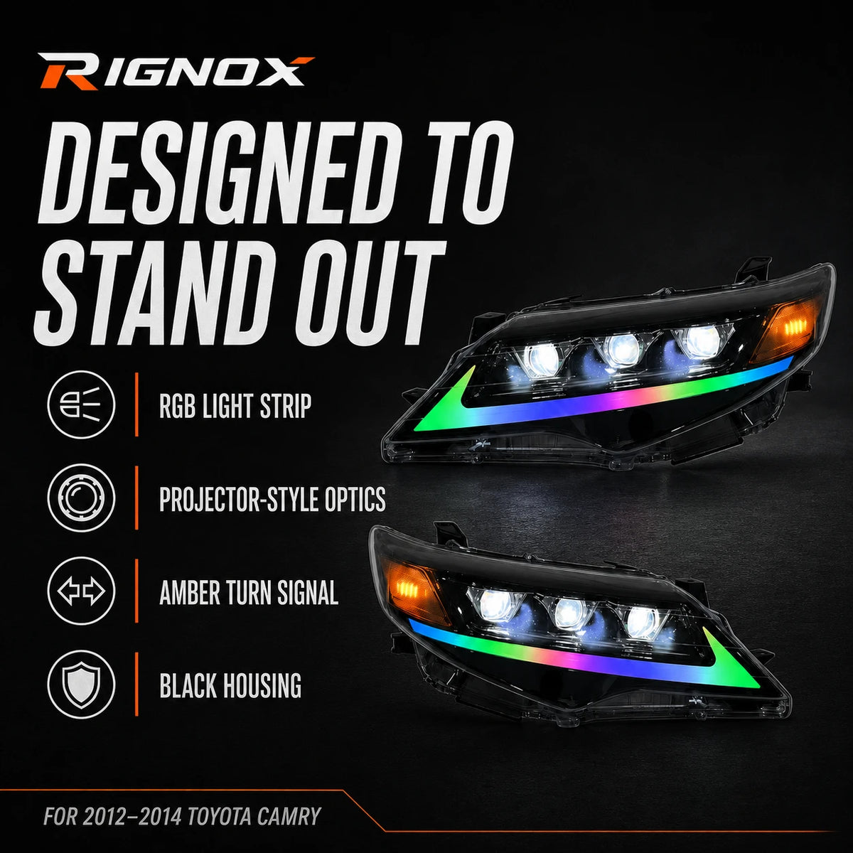 2012-2014 Toyota Camry LED Triple Projector Headlights Assembly — designed to stand out — H-CAM12-RGB