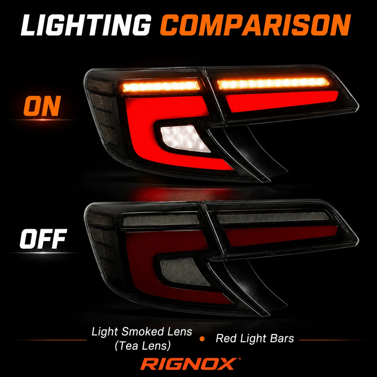 2012-2014 Toyota Camry XV50 Sequential LED Tail Lights Assembly — light on off comparison — T-CAM12-SR