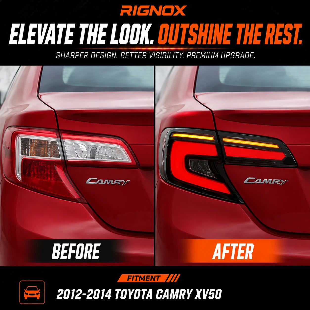 2012-2014 Toyota Camry XV50 Sequential LED Tail Lights Assembly — before and after comparison — T-CAM12-SR