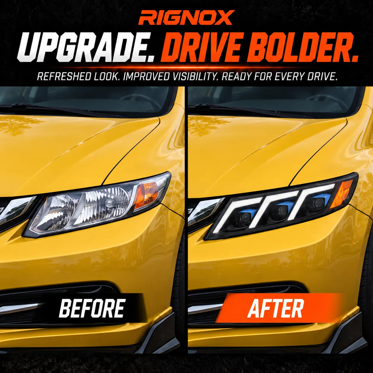 2012-2015 Honda Civic 9th Gen LED Triple Projector Headlights Assembly — Pair — before after comparison — H-CIV12-3P
