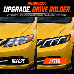 2012-2015 Honda Civic 9th Gen LED Triple Projector Headlights Assembly — Pair — before after comparison — H-CIV12-3P