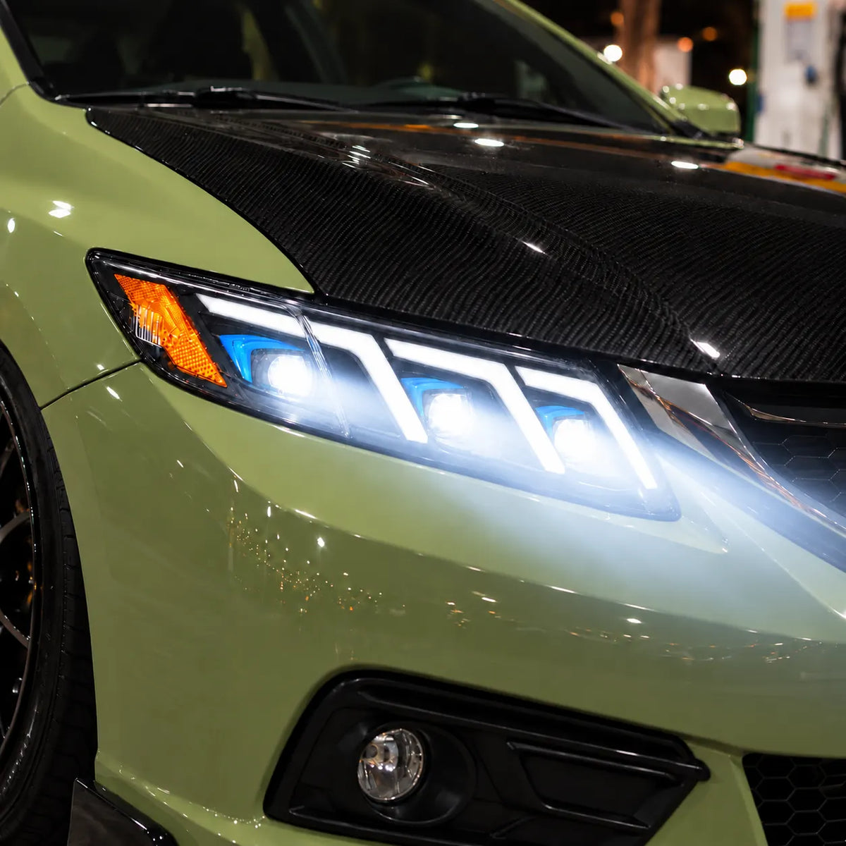 2012-2015 Honda Civic 9th Gen LED Triple Projector Headlights Assembly — Pair — installed headlights close-up — H-CIV12-3P