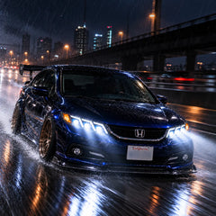2012-2015 Honda Civic 9th Gen LED Triple Projector Headlights Assembly — Pair — blue Civic driving in rainy night — H-CIV12-3P