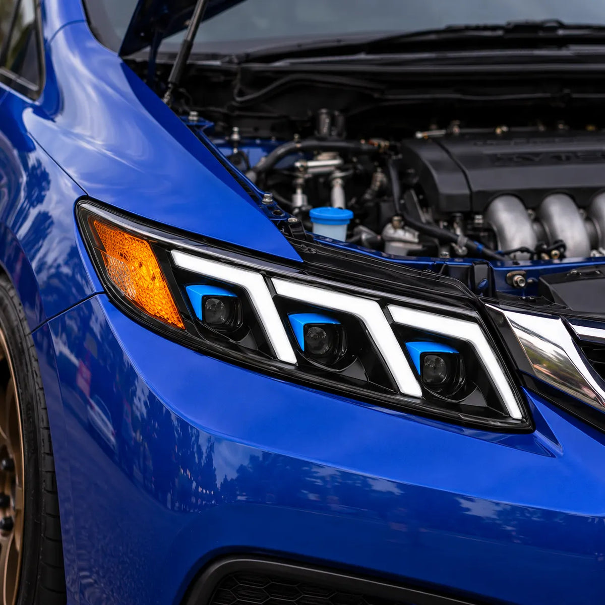 2012-2015 Honda Civic 9th Gen LED Triple Projector Headlights Assembly — Pair — blue Civic headlight with DRL on — H-CIV12-3P