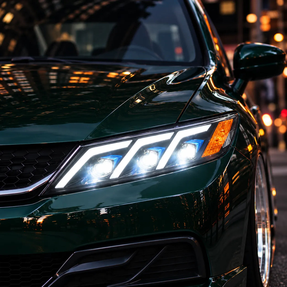 2012-2015 Honda Civic 9th Gen LED Triple Projector Headlights Assembly — Pair — green Civic illuminated projector close-up — H-CIV12-3P