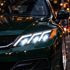 2012-2015 Honda Civic 9th Gen LED Triple Projector Headlights Assembly — Pair — green Civic illuminated projector close-up — H-CIV12-3P