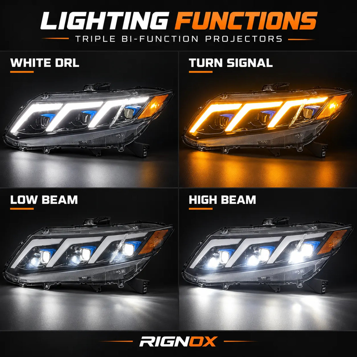 2012-2015 Honda Civic 9th Gen LED Triple Projector Headlights Assembly — Pair — DRL turn signal low and high beams — H-CIV12-3P