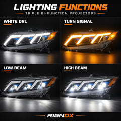 2012-2015 Honda Civic 9th Gen LED Triple Projector Headlights Assembly — Pair — DRL turn signal low and high beams — H-CIV12-3P