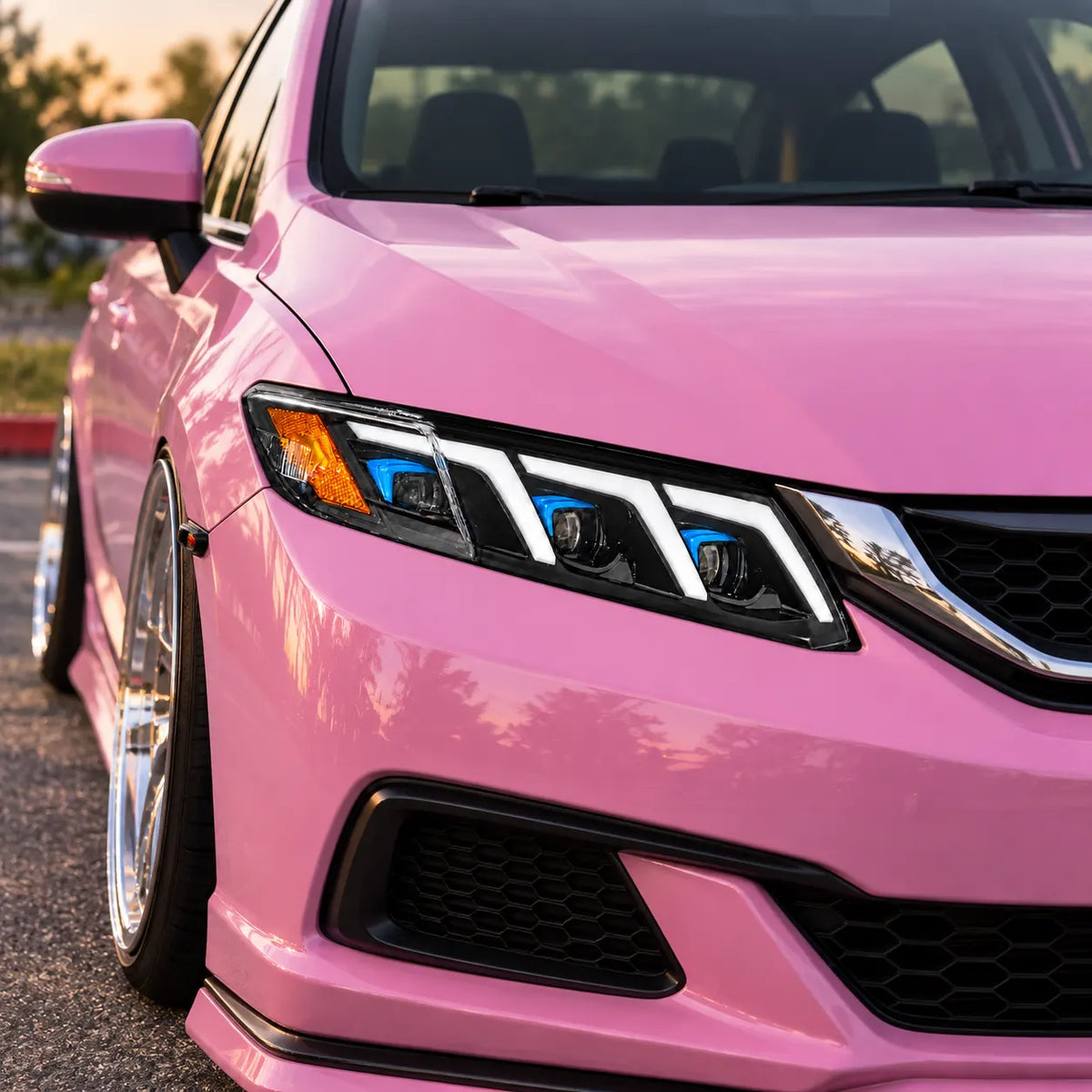 2012-2015 Honda Civic 9th Gen LED Triple Projector Headlights Assembly — Pair — pink Civic headlight close-up — H-CIV12-3P