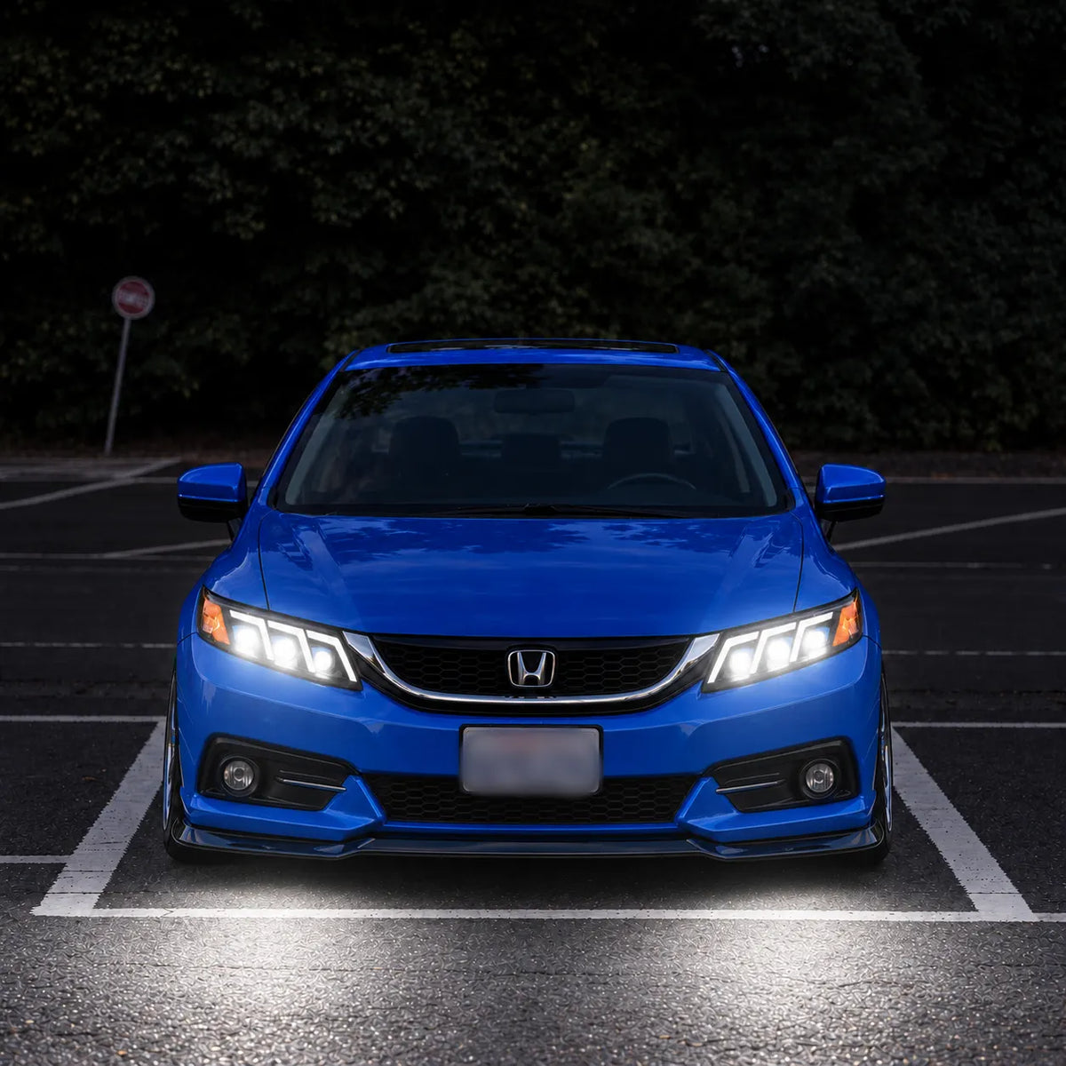 2012-2015 Honda Civic 9th Gen LED Triple Projector Headlights Assembly — Pair — blue Civic headlights at night — H-CIV12-3P