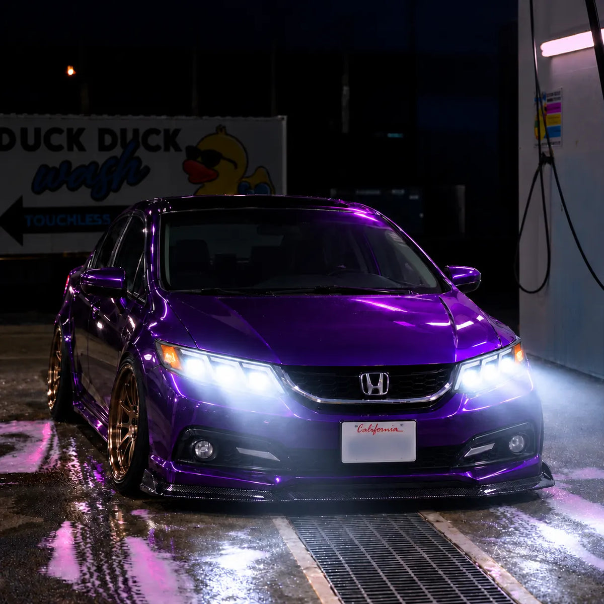 2012-2015 Honda Civic 9th Gen LED Triple Projector Headlights Assembly — Pair — purple Civic illuminated headlights at night — H-CIV12-3P