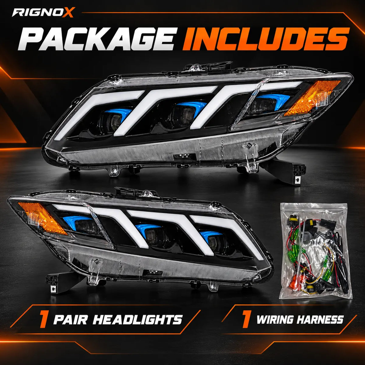 2012-2015 Honda Civic 9th Gen LED Triple Projector Headlights Assembly — Pair — headlight pair and wiring harness — H-CIV12-3P