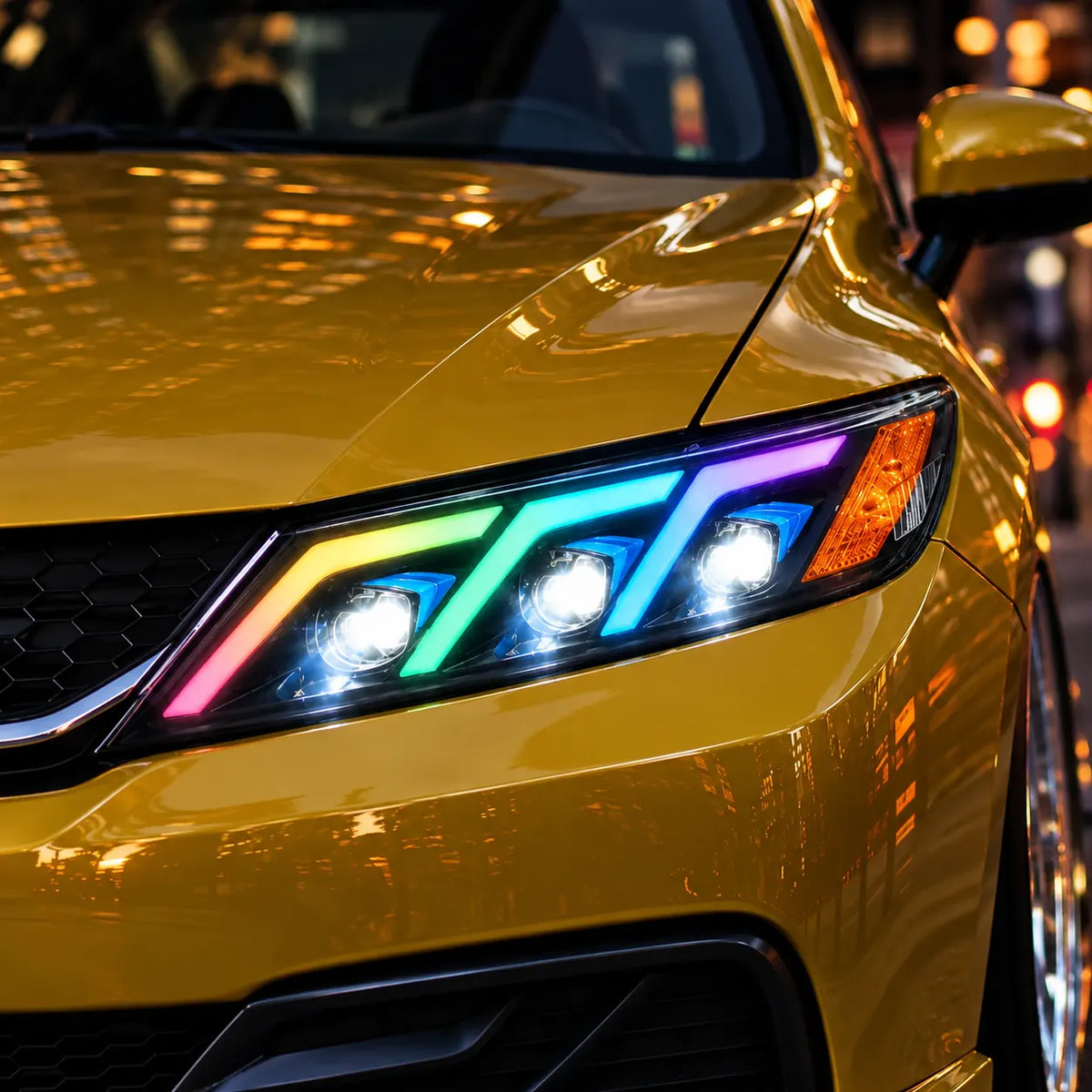 2012-2015 Honda Civic 9th Gen LED Triple Projector Headlights Assembly — Pair — RGB DRL and illuminated triple projectors close-up — H-CIV12-3P-RGB