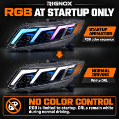 2012-2015 Honda Civic 9th Gen LED Triple Projector Headlights Assembly — Pair — RGB startup only and white DRL driving explanation — H-CIV12-3P-RGB