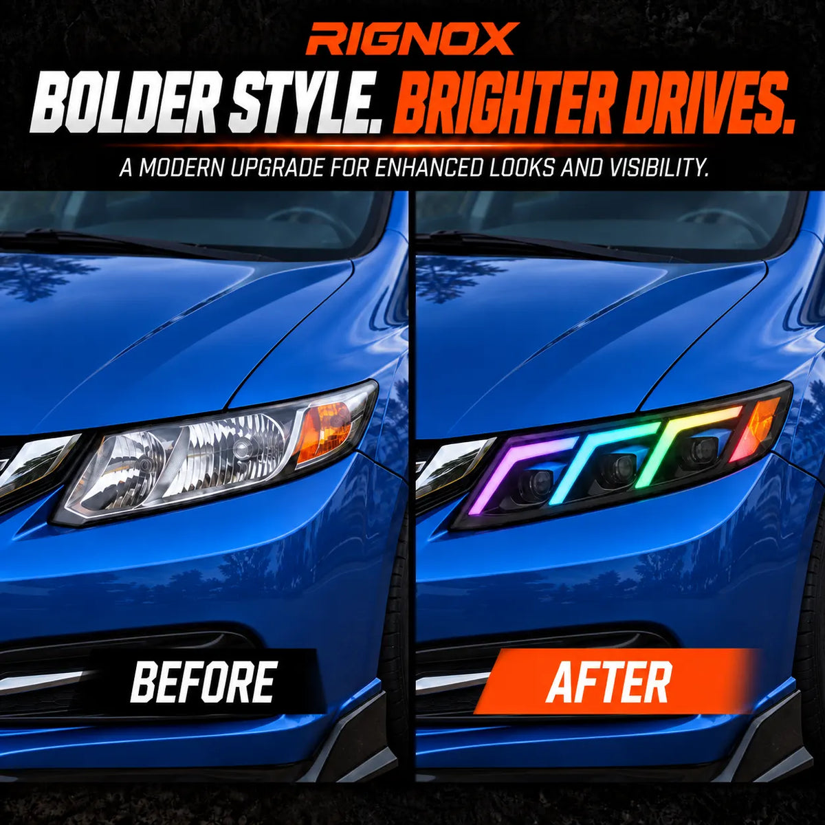 2012-2015 Honda Civic 9th Gen LED Triple Projector Headlights Assembly — Pair — Factory versus upgraded headlights comparison — H-CIV12-3P-RGB