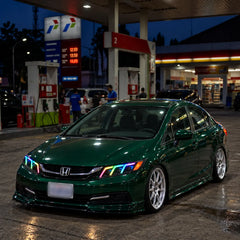 2012-2015 Honda Civic 9th Gen LED Triple Projector Headlights Assembly — Pair — RGB DRL on green Civic at gas station — H-CIV12-3P-RGB