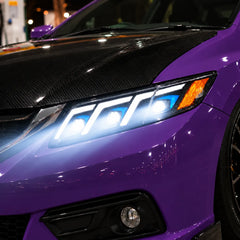 2012-2015 Honda Civic 9th Gen LED Triple Projector Headlights Assembly — Pair — White DRL and triple projector high beam close-up — H-CIV12-3P-RGB