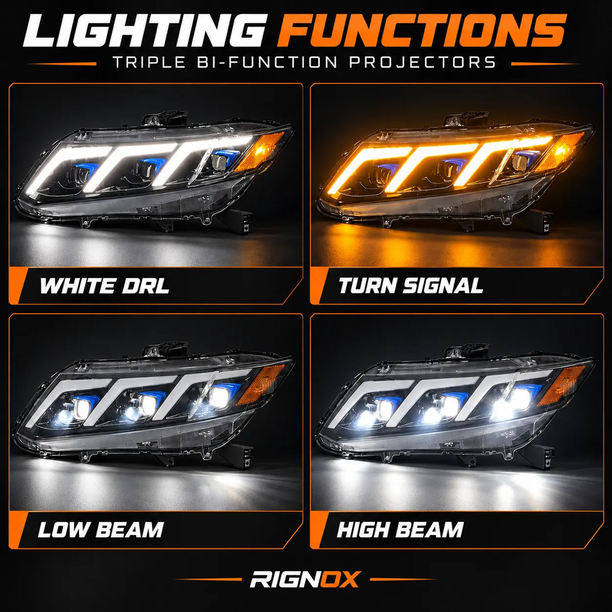 2012-2015 Honda Civic 9th Gen LED Triple Projector Headlights Assembly — Pair — White DRL turn signal low beam and high beam functions — H-CIV12-3P-RGB