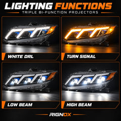 2012-2015 Honda Civic 9th Gen LED Triple Projector Headlights Assembly — Pair — White DRL turn signal low beam and high beam functions — H-CIV12-3P-RGB