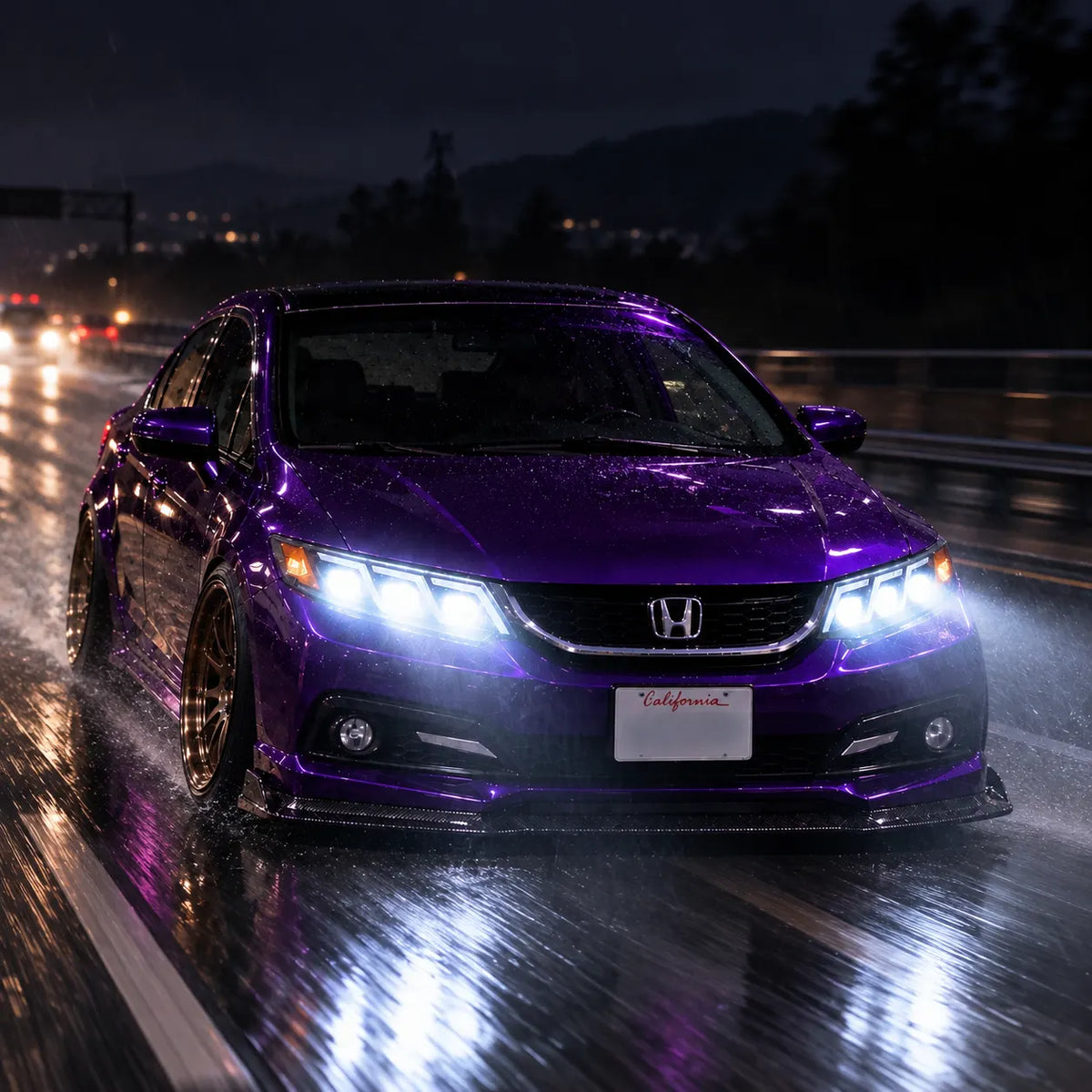 2012-2015 Honda Civic 9th Gen LED Triple Projector Headlights Assembly — Pair — Purple Civic driving on rainy highway at night — H-CIV12-3P-RGB
