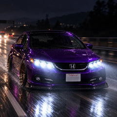 2012-2015 Honda Civic 9th Gen LED Triple Projector Headlights Assembly — Pair — Purple Civic driving on rainy highway at night — H-CIV12-3P-RGB