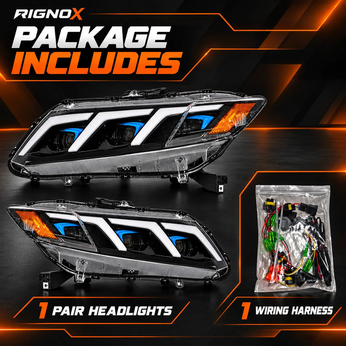 2012-2015 Honda Civic 9th Gen LED Triple Projector Headlights Assembly — Pair — Headlight pair and wiring harness package contents — H-CIV12-3P-RGB