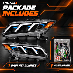 2012-2015 Honda Civic 9th Gen LED Triple Projector Headlights Assembly — Pair — Headlight pair and wiring harness package contents — H-CIV12-3P-RGB