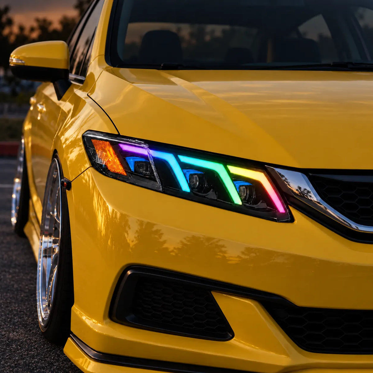2012-2015 Honda Civic 9th Gen LED Triple Projector Headlights Assembly — Pair — Yellow Civic RGB startup DRL close-up — H-CIV12-3P-RGB