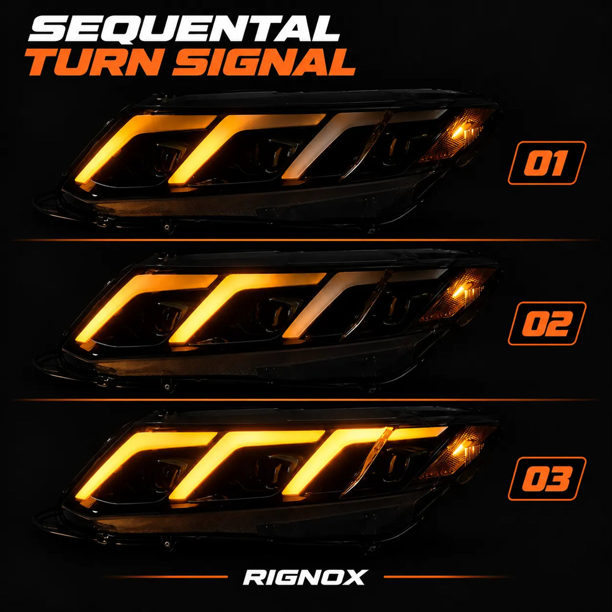 2012-2015 Honda Civic 9th Gen LED Triple Projector Headlights Assembly — Pair — Sequential amber turn signal animation stages — H-CIV12-3P-RGB
